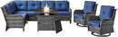Outdoor Sectional Sofa Furniture Set with Propane Fire Pit Table, Wicker Patio Conversation Set with 2 Swivel Glider Rocker Chairs Blue Cushion Perfect for Backyard Casual Gathering by GreenHaven Gardens