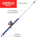 Zebco Wilder Fishing Reel and Rod Combo, 4'3" Durable Fiberglass Rod with Built-In Carabiner, Patented No-Tangle Reel, Pre-Spooled with 6-Pound Zebco Cajun Fishing Line, Blue/Orange by TinyTreasures Baby Boutique