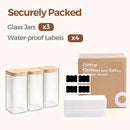 ComSaf Airtight Glass Storage Canister with Wood Lid (1.6 Qt), Clear Food Storage Container Jar with Sealing Lids for Oat Pasta Flour Cereal Rice Sugar Tea Coffee Beans, Set of 3 Square Cookie Jar by CozyNest Decor