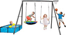4-in-1 Heavy Duty Swing Set for Backyard – Large Metal Frame with Saucer Swing, Sandbox, Basketball Hoop & Single Swing Seat | Toddler to Kids Play Equipment | Outdoor & Indoor Use | Kids Gift by TinyTreasures Baby Boutique