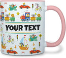 Personalized Mug for Kids - Vehicles - Custom Name/Text, Ceramic Hot Chocolate/Cocoa/Coffee Cup for Boys, Birthday/Christmas/Holiday Gift - 11 oz, Pink Handle by TinyTreasures Baby Boutique