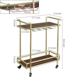 MyGift 2 Tier Rolling Bar Cart, Vintage Brass Tone Metal Cocktail and Wine Trolley with Burnt Wood Shelf Trays, Wine Glass Stemware Holder Rack and Lockable Wheels by CozyNest Decor