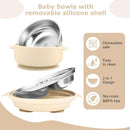 Stainless Steel Baby Plate and Bowl with Suction, Baby Bowl and Divided Kids Toddler Plate with Removable Silicone Shell, Non-Slip Toddler Baby Feeding Set, Forks + Spoons Included-Cream by TinyTreasures Baby Boutique