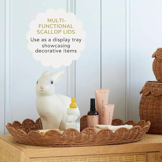 BEBE BASK The Original Scalloped Basket Set Of 2 - Small Scallop Basket - 15 x 10 x 6 In - Hand-Woven & Award-Winning - Elegant Wicker With Scalloped Edge Lid - Nursery Storage - (Mocca), photo 6 of 9