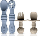 4pc Silicone Baby Spoons Self Feeding Baby Utensils 6-12 Months - 3 Baby Spoon - 1 Baby Fork - Toddler Cutlery Set - BPA Free, Dishwasher Safe - Baby Eating Essentials (Gray/Beige) by TinyTreasures Baby Boutique