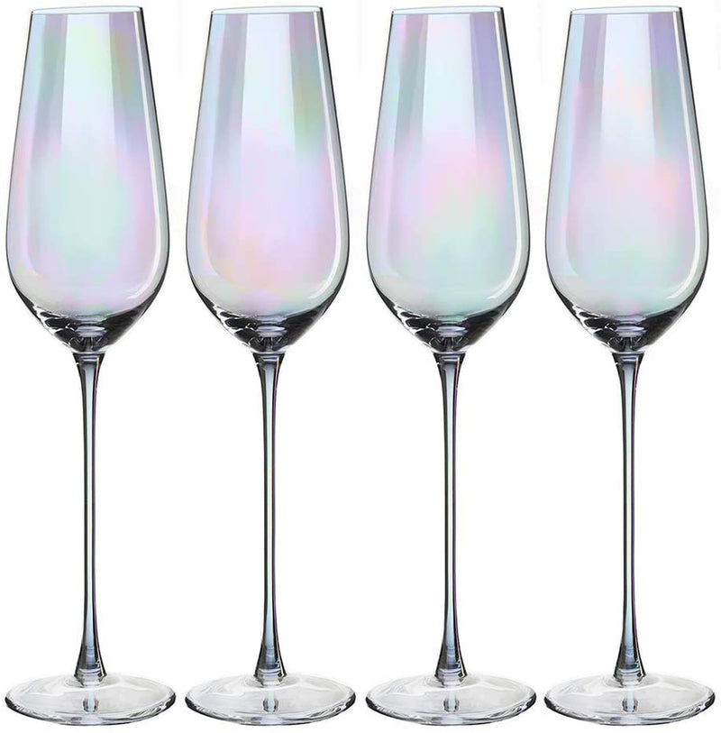 The Wine Savant Iridescent Glasses - Crystal Luster Radiance Set of 4 - Rainbow Colored Stemware Glassware, Durable Pearl Color Champagne Glasses, An Ethereal Shine (Tall Flutes)