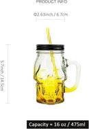 Halloween Cups Set of 4 - Yellow Skull Glass Drinking Jar with Lids and Straws - Halloween Decor, Drinking Glasses 16 oz by CozyNest Decor