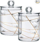 2 Pack Qtip Holder Dispenser White Marble Gold Line Bathroom Storage Canister Lid Acrylic Plastic Apothecary Jar Set Vanity Makeup Organizer for Cotton Swabs/Pads/Floss by CozyNest Decor
