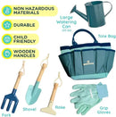 Gardening Set, Tool Kit, for Kids, STEM, Includes Tote Bag, Spade, Watering Can, Rake, Fork, Trowel and Gloves (Ocean Blue) by GreenHaven Gardens