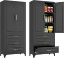 Kitchen Pantry Cabinet, 75" Tall Pantry Cabinet with Three Drawers, Freestanding Food Cupboard with Doors and Shelves, Metal Storage Cabinets for Dining, Living Room, Black, Assembly Required by CozyNest Decor