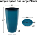 GameXcel Tall Flower Pot Indoor - Outdoor Plant Pot - Turquoise Glossy Planter - Elegant Stone Imitation - 12" Diameter 21" Tall with Drainage Holes and Saucer 2Pack by CozyNest Decor