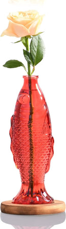 Nacome Fish Vase Glass Plant Terrarium with Wooden Stand,Planter Propagation Station for Home Office Hydroponics Desk Decoration,Unique Gardening Gifts for Plant Lovers Women Mom(Red) by CozyNest Decor