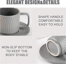 Large Cappuccino Cups with Saucers Set of 4, 8 Ounce Stackable Embossed Ceramic Coffee Mugs for Specialty Coffee Drinks, Latte, Cafe Mocha and Tea, Dishwasher & Microwave Safe (Grey) by CozyNest Decor