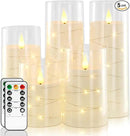 Homemory Pure White Flameless Candles with Embedded Star String Fairy Lights, Battery Operated Candle, LED Candles, Fake Candles with Remote Control and Timer, Set of 5(H4 5" 6" 8" 8") by CozyNest Decor