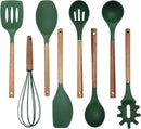 Country Kitchen Non Stick Silicone Utensil Set with Rounded Wood Handles for Cooking and Baking, 8 Piece Set, Green by CozyNest Decor