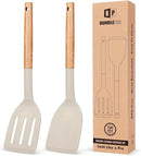 Pack of 2 Silicone Cooking Spatula, Heat Resistant Solid Turner, Non Stick Slotted Spatulas with Wooden Short Handle,Ideal Wood Kitchen Utensils Set for Frying, Baking, Flipping, Turning by CozyNest Decor
