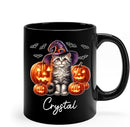 Personalized Halloween American Curl Ceramic Mug 11oz 15oz, Custom Name American Curl Wearing Witch Hat Coffee Cup, Cat with Pumpkins Halloween Black Cup, Spooky Cat Mug Gift for Pet Lover by TinyTreasures Baby Boutique