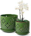 EFISPSS Orchid Pots with Holes,5+6 Inch Ceramic Plant Pots with Drainage Holes and Tray,Enhanced Drainage and Ventilation,Flower Pots for Indoor/Outdoor Plants for Repotting - Green by GreenHaven Gardens