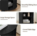 24" Large Fluted Round End Table with Charging Station, Farmhouse Cricle Sofa Side Table with Sliding Door and Storage, Rustic Curved Wood Nightstand for Living Room, Bedroom,Black by CozyNest Decor