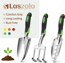 LASZOLA 3 Piece Garden Tool Set Include Hand Trowel Rake and Transplant Shovel for Women, Indoor Heavy Duty Small Spade Kit with Ergonomic Handle to Weed and Loosen, for Mom and Plant Beginner, Green by GreenHaven Gardens