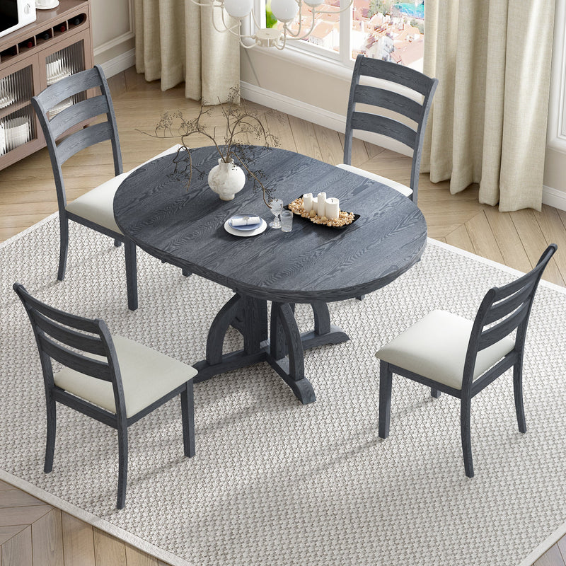 5-Piece Farmhouse Round Pedestal Extending Dining Table Set Extendable Kitchen Table Set with 15.8" Removable Leaf and Ladder Back Dining Chairs for Small Places, Black