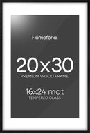 Homeforia 20x30 Black Wood Frame, High End Oak 20x30 Wooden Picture Frames with Mat 16x24 Photo, 20 x 30 Poster Frame Matted to 16 by 24 Print, 30x20 Hanging Frames, Tempered Glass, Wall Kit, Set of 1 by CozyNest Decor