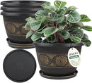 4 Pack 12 inch Plant Pots, Retro Pattern Planters with Drainage Holes and Saucer, Sturdy Plastic Garden Flower Pots for Indoor & Outdoor Plants by GreenHaven Gardens