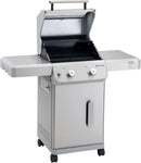Monument Grills 2-Burner Stainless Steel Liquid Propane Gas Grill, Two Foldable Shelves Patio Garden Barbecue Grill with Clearview® Lid, Knob Control, Mesa200S with BBQ Cover by GreenHaven Gardens