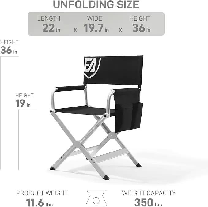 EVER ADVANCED Aluminum Directors Chair, Folding Studio Movie Chairs Camping Event Vendor Chair, 19" Seat Height Black Fabric/White Frame, Support 350lbs, photo 3 of 9