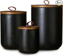 JOJUNO Black Ceramic Canister Set with Wooden Lid, 3-Piece Airtight Food Storage Jars for Kitchen Counter - Flour, Sugar, Coffee, Tea, Spice - Small, Medium, Large Sizes by CozyNest Decor
