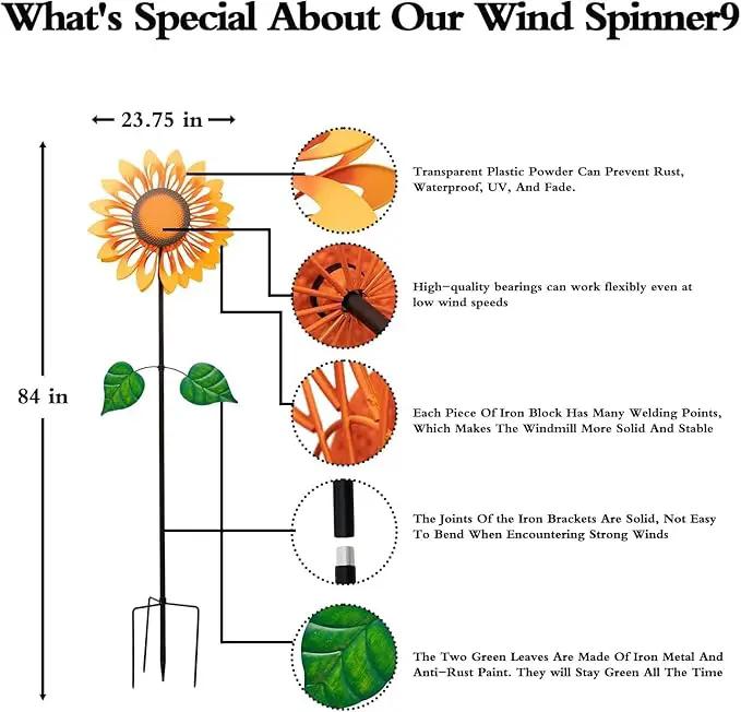 Wind Spinners for Yard and Garden Large, Wind Spinner Outdoor Metal Large, 84 Inch Wind Sculptures Birthday Gifts for Women(Double Sided Sunflower), photo 6 of 9
