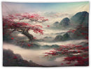 Japanese Tapestry, Red Plum Cherry Blossom Mountain Tapestry, Asian Japanese Wall Tapestry, Nature Landscape Tapestries for Bedroom Living Room Decor 90"x60" by CozyNest Decor