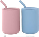 WeeSprout Silicone Baby Cups With Straws and Lids, 4 & 8 oz Options, Set of 2, Food Grade Toddler Training Container, Built In Straw Stoppers, Measurement Markings, Dishwasher Safe + Straw Cleaner by TinyTreasures Baby Boutique