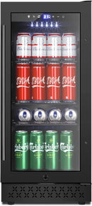 Tylza 15 Inch Beverage Refrigerator, Under Counter/Freestanding Drink Fridge, 130 Cans Beverage Cooler with Glass Door, Reversible Door, Low Noise, Quick Cooling - for Beer, Soda, ETC, Black by CozyNest Decor