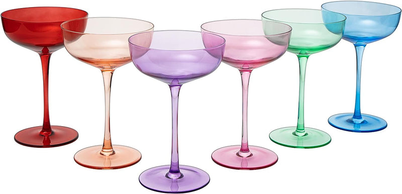 Colored Coupe Glasses | Set of 6 | 7 oz Classic Cocktail Glassware for Champagne, Martini, Manhattan, Cosmopolitan, Crystal Speakeasy Style Goblets Stems, Elegantly Color (Classic Multicolor)