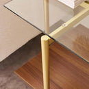 Glass End Table, Mid-Century Modern Design Sofa Table, for Living Room, 2-Tier Structure, Clear Glass Top and Walnut MDF Shelf, Sleek Conical Metal Legs with Gold Finish Frame by CozyNest Decor