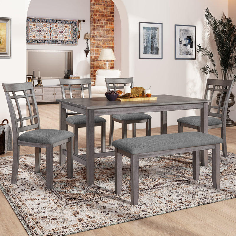 6 Piece Wooden Dining Table set, Kitchen Table set with 4 Chairs and Bench, Farmhouse Rustic Style,Gray