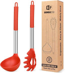Silicone Pasta Fork and Ladle Spoon Set, Large Non Stick Kitchen Utensils for Cooking,Stirring,Serving Spaghetti, Soup, Sauce (RED) by CozyNest Decor