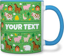 Personalized Mug for Kids - Farm Animals - Custom Name/Text, Ceramic Hot Chocolate/Cocoa/Coffee Cup for Boys/Girls, Birthday/Christmas/Holiday Gift - 11 oz, Light Blue Handle by TinyTreasures Baby Boutique