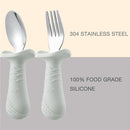 PandaEar Baby Toddler Fork and Spoon Utensil Set, 6 Pack Silicone Stainless Steel Silverware Spoon Fork for Babies Toddler, BPA Free with Silicone Holding Anti-Choke Design (Light Tan&Walnut&Grey) by TinyTreasures Baby Boutique