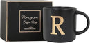 COLLECTIVE HOME - Monogram Ceramic Mugs, 15 oz Golden Initial Black Coffee Cups, Elegant Alphabet Tea Mugs, Elegant Personalized Mug with Gift Box, Unique Mug with Double Side Capital Lette (R) by CozyNest Decor