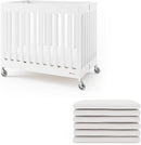 Foundations Boutique Folding Hotel Crib and Sheet Bundle - Includes Wooden Mini Crib with 3" Foam Mattress (White) and 6-Pack White Fitted Compact Sheets by TinyTreasures Baby Boutique
