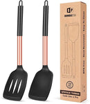 Pack of 2 Silicone Solid Turner, Non Stick Slotted Kitchen Spatulas, High Heat Resistant BPA Free Cooking Utensils, Ideal Cookware for Fish, Eggs, Pancakes(Rose Gold Black) by CozyNest Decor