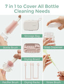 Momcozy Bottle Brush Set - Baby Bottle Cleaner Kit with Silicone Brush, Nipple Brush, Straw Brush, Soap Dispenser, Drying Rack - 7 in 1 Bottle Cleaning Tool for Home and Travel, Pink by TinyTreasures Baby Boutique