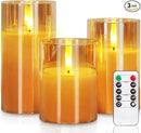 Homemory Amber Glass Flameless Candles, Battery Operated LED Pillar Candles with Remote Control and Timer, Radiance Candles, Real Wax, Set of 3,D3 xH4 5" 6" by CozyNest Decor