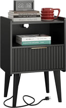 Fluted Nightstand with Charging Station, Modern Bedside Table with Drawer,Black Nightstand with Solid Wood Legs, End Table,Side Table for Living Room,Bedroom Black CTG57BKE by CozyNest Decor