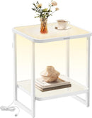 VASAGLE End Table, 2-Tier Side Table with LED Lights, Modern Nightstand, Square Bedside Table, Frosted Glass, Bottom Shelf, for Bedroom, Cloud White and Pearl White ULET232W01 by CozyNest Decor