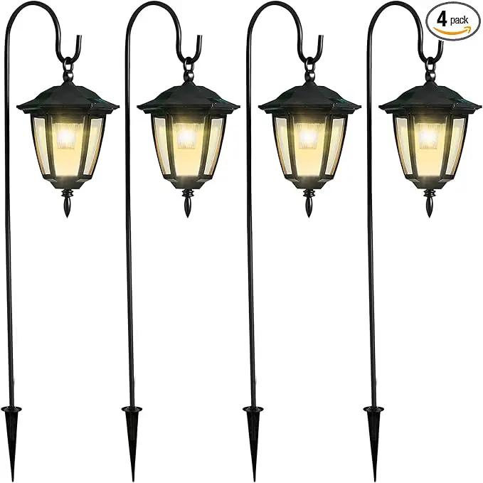Dynaming 4 Pack Solar Hanging Lights Outdoor, Solar Powered Garden Decorative Lanterns with 4 x 38 Inch Shepherd Hooks, Waterproof Landscape Lighting for Lawn Patio Yard Pathway Driveway, Warm White