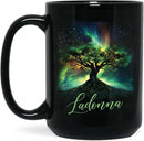 Custom Unique Name Coffee Cup, Customized Mystical Nature Inspired Mug 11oz 15oz, Personalized Enchanted Tree With Northern Lights Ceramic Cup, Nature Black Mug, Gift For Women Men by CozyNest Decor