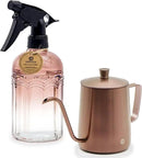OFFIDIX Watering Can for Indoor Plants Long Spout Metal Stainless Steel 21 oz/600 ml Small Watering Can with 14 oz/400ml Glass Plant Mister Spray Bottle for Plants Bonsai by GreenHaven Gardens